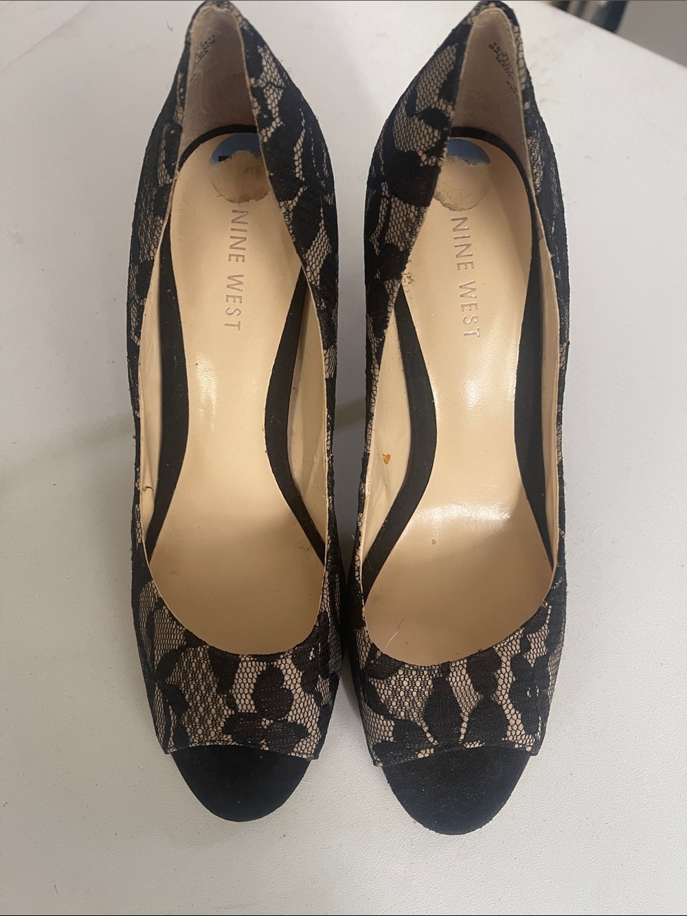 Nine West Black and Beige Lace Peep-Toe Pumps
